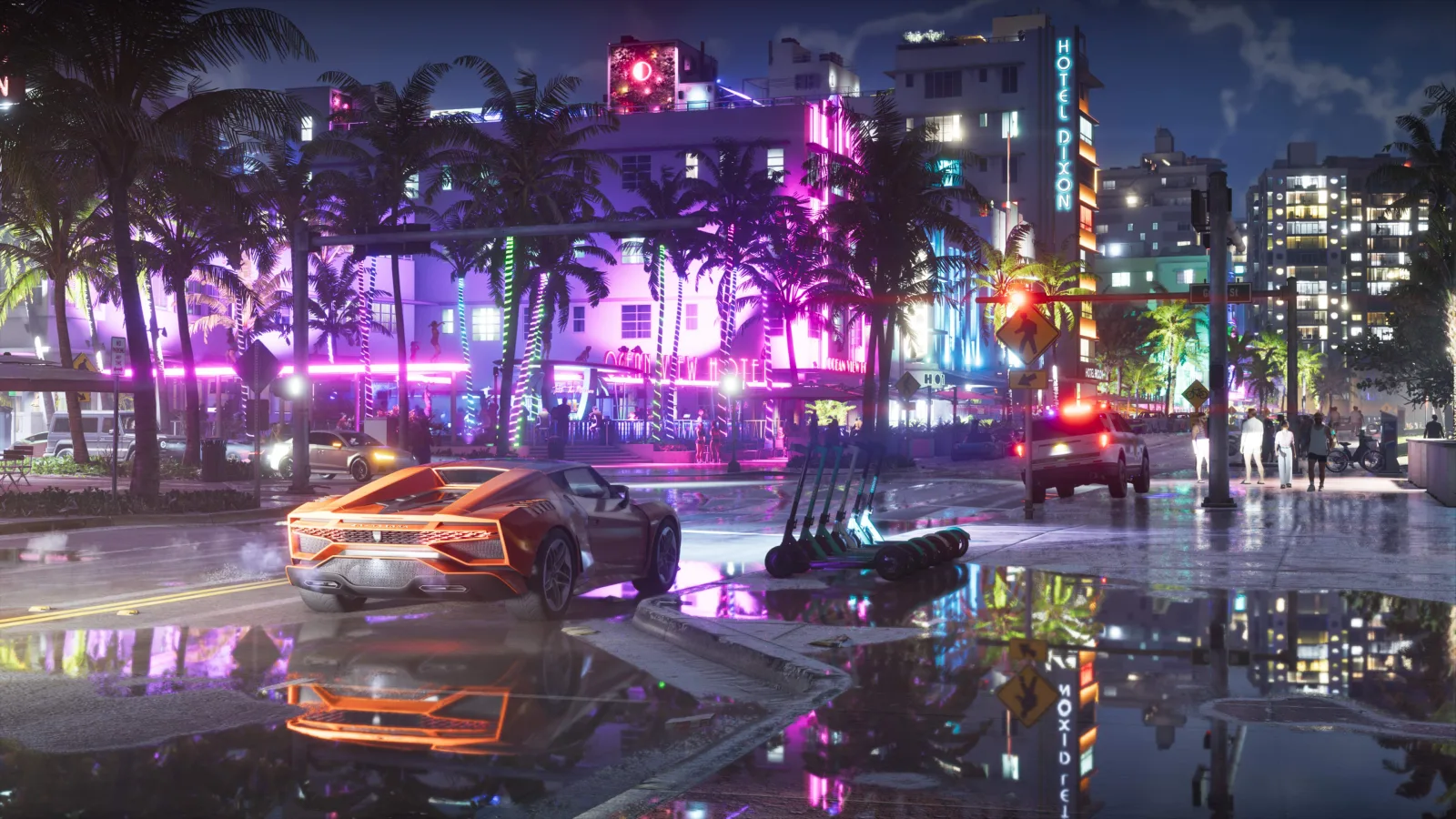 A neon-lit Vice City street at night with the Hotel Dixon sign, a sports car and parked scooters reflected in puddles, from Rockstar's GTA VI Music page