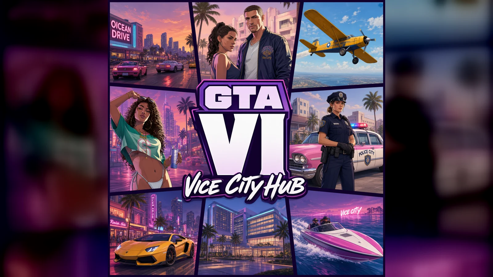 GTA VI Vice City Hub fan artwork: Vice City scenes around the hub logo (fan-made, not official Rockstar art)